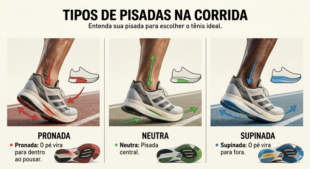 Tipos de pisada,,
Pronada: o pé vira para dentro ao pousar. Precisa de tênis com controle de movimento.

Supinada: o pé vira para fora. Precisa de tênis com amortecimento extra.
Neutra: pisada central. Tem mais opções disponíveis.
